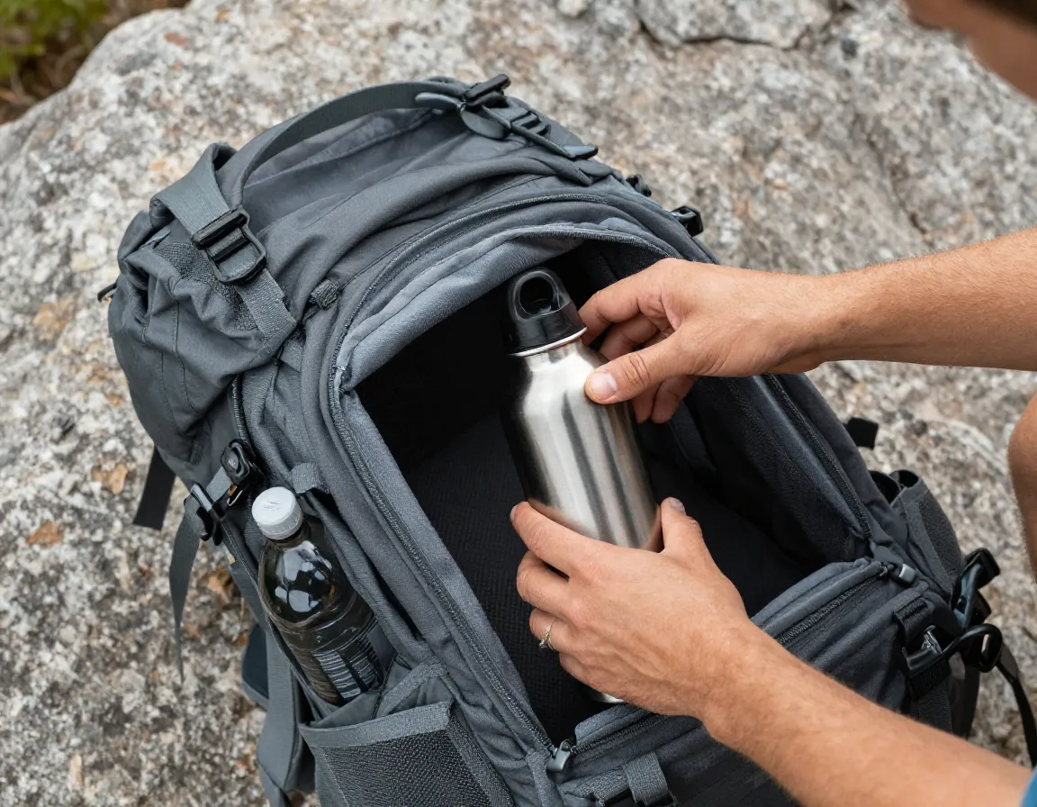 Hiker packing a reusable water bottle into backpack on a durable rock surface