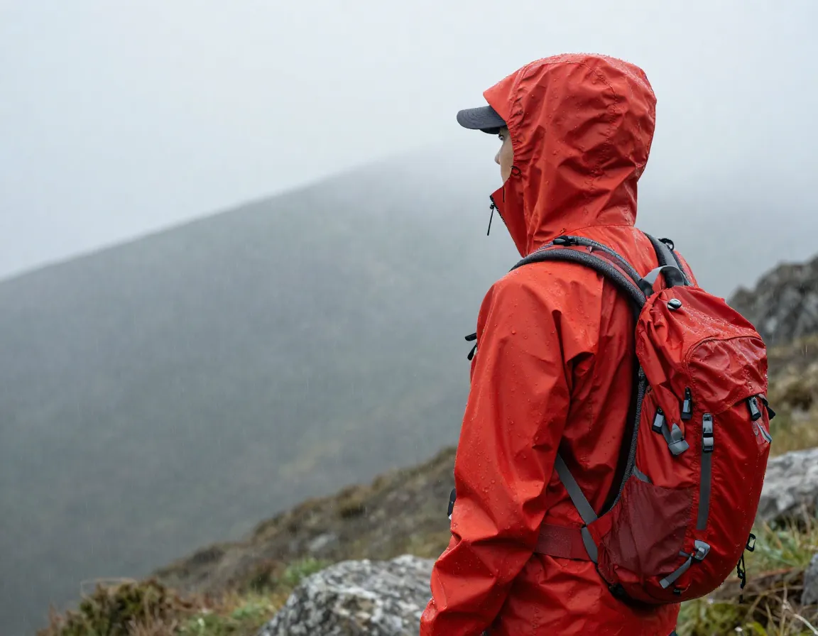 Lightweight red rain shell with pit zips deployed in light drizzle