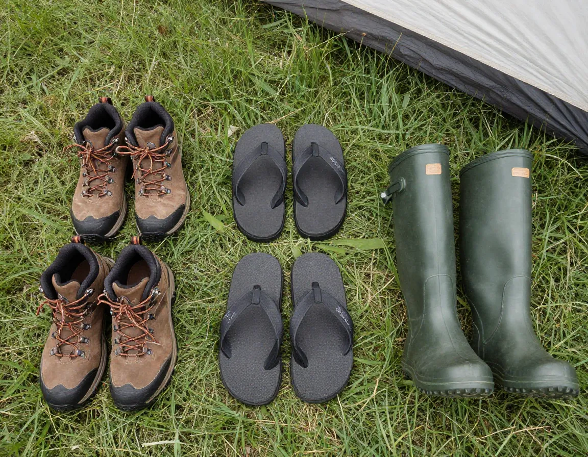 Three pairs of footwear arranged on a grassy field near a tent