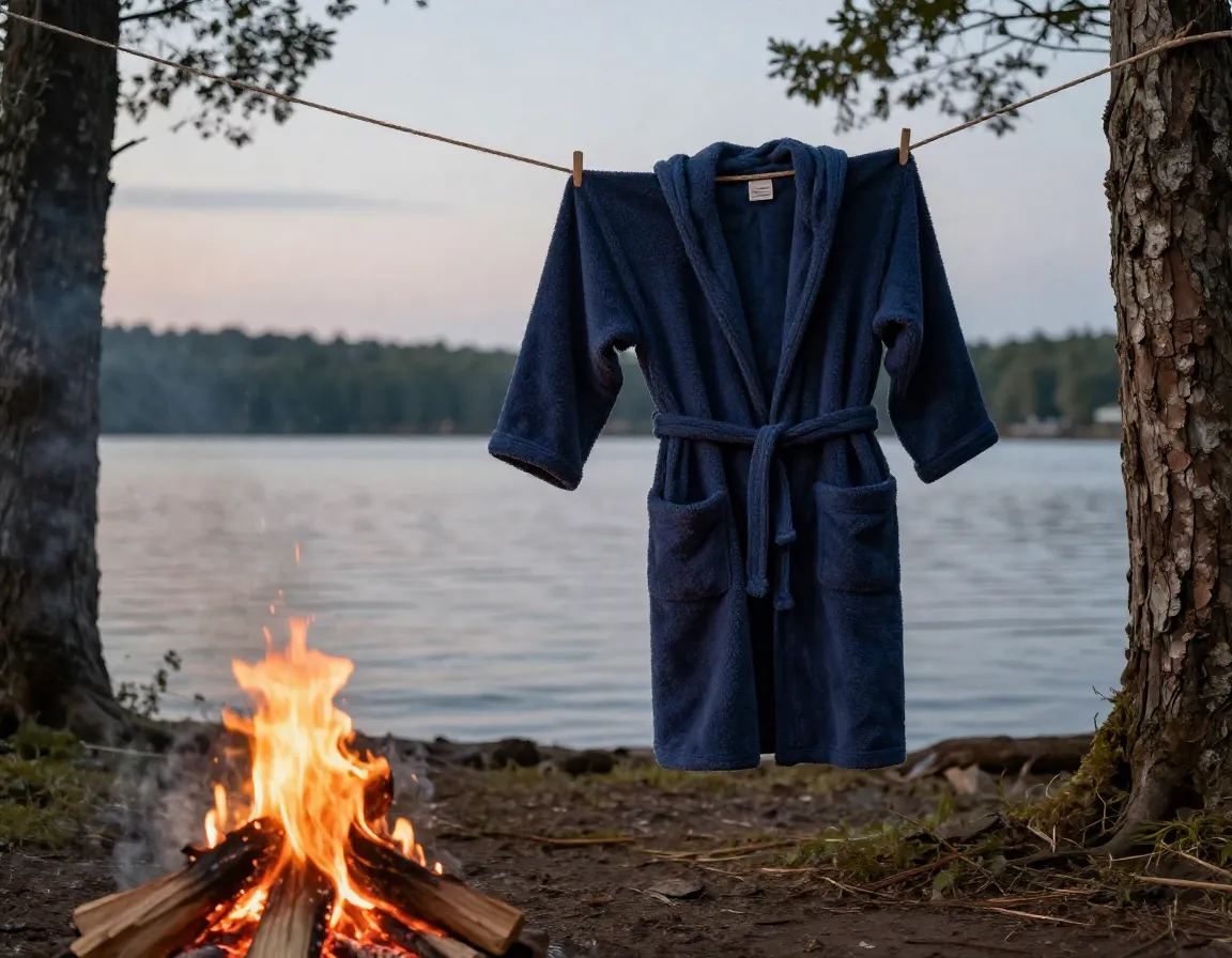 A navy blue dry robe hanging on a rope near a lakeside campfire