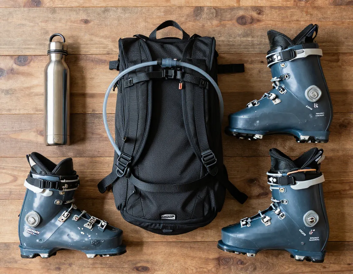 Insulated water bottle and hydration pack on ski boots