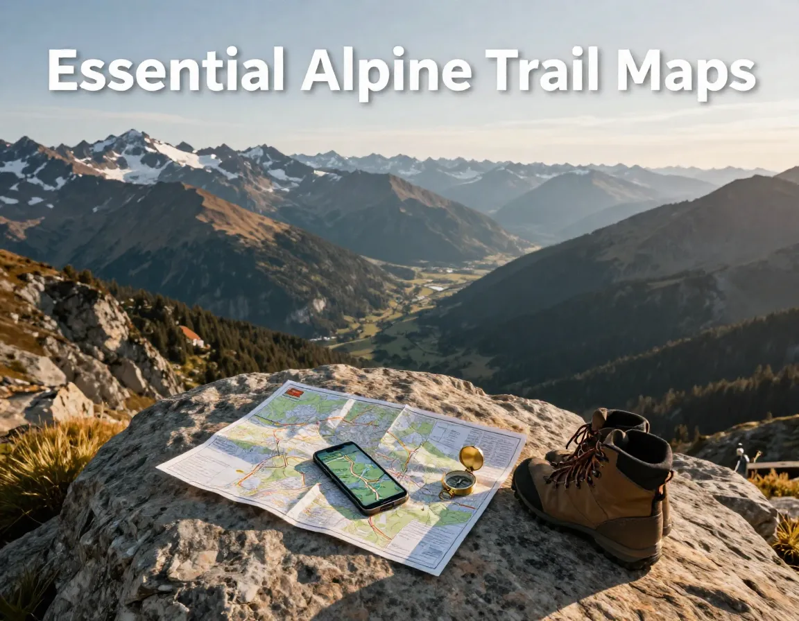 Aerial view alpine valley topographic map smartphone compass boots rock