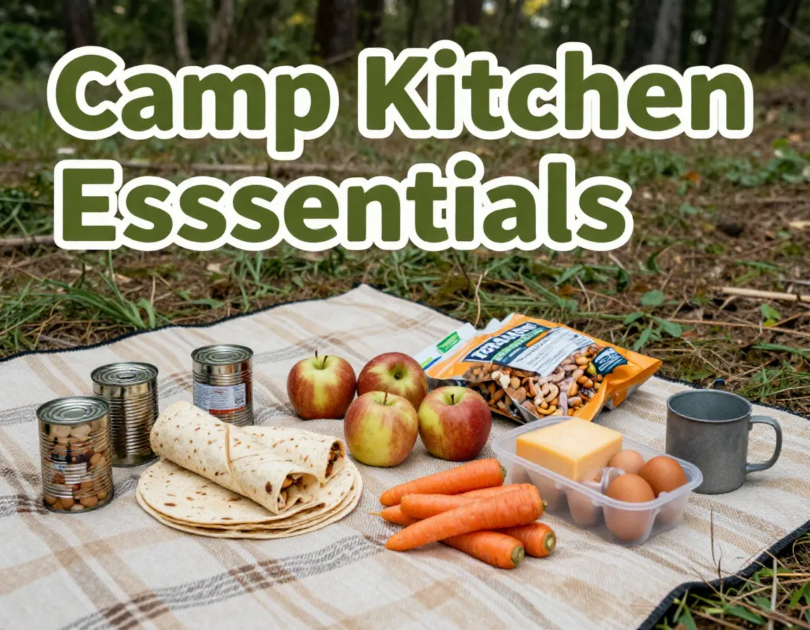 Flat lay organized camping food essentials on forest picnic blanket