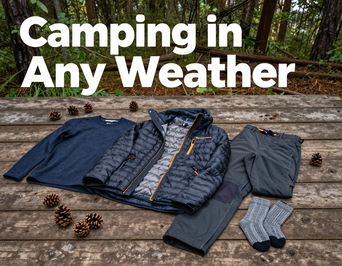 Technical camping layers spread aerial forest backdrop morning light