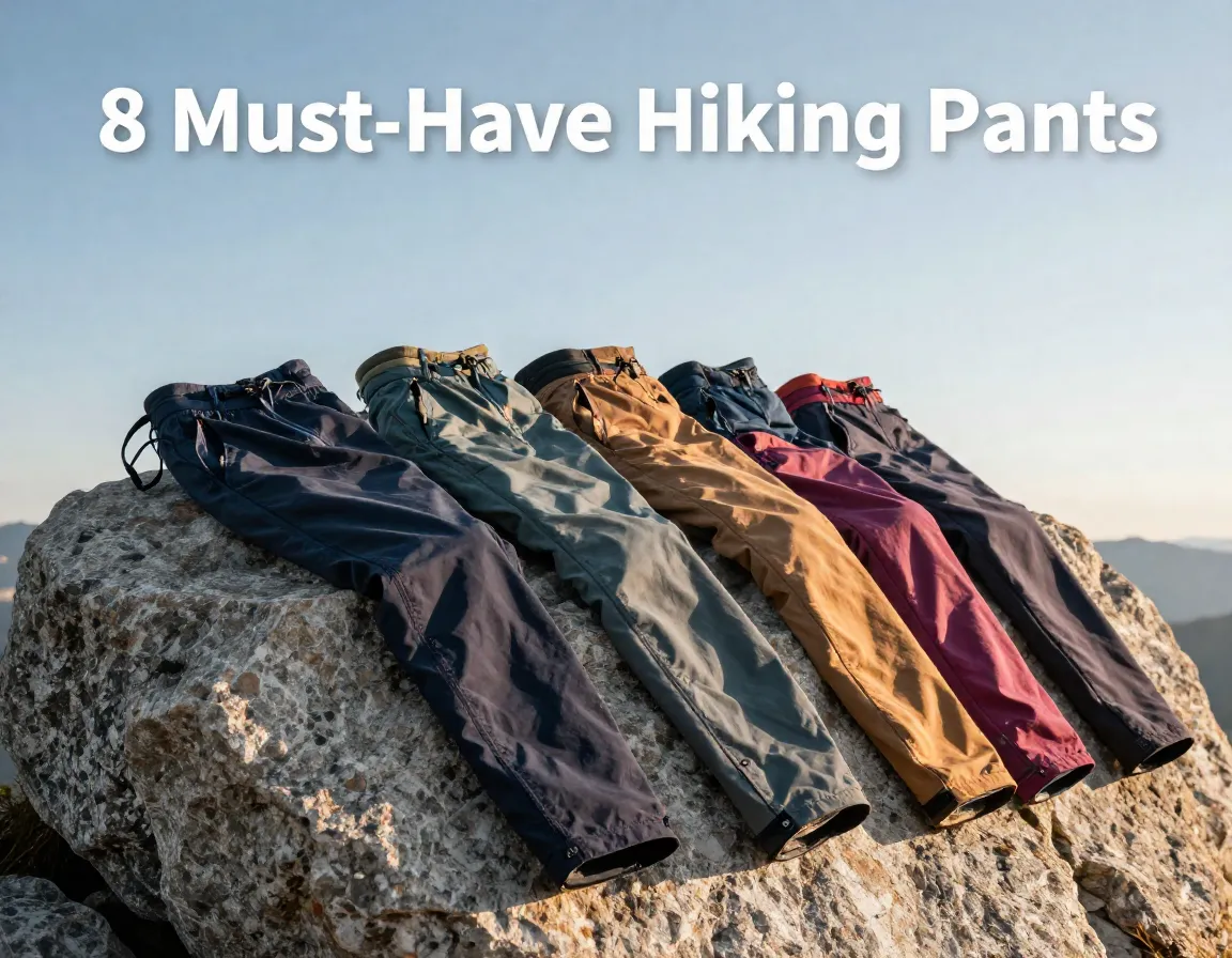 Womens hiking pants cascaded over granite boulder morning light trailhead