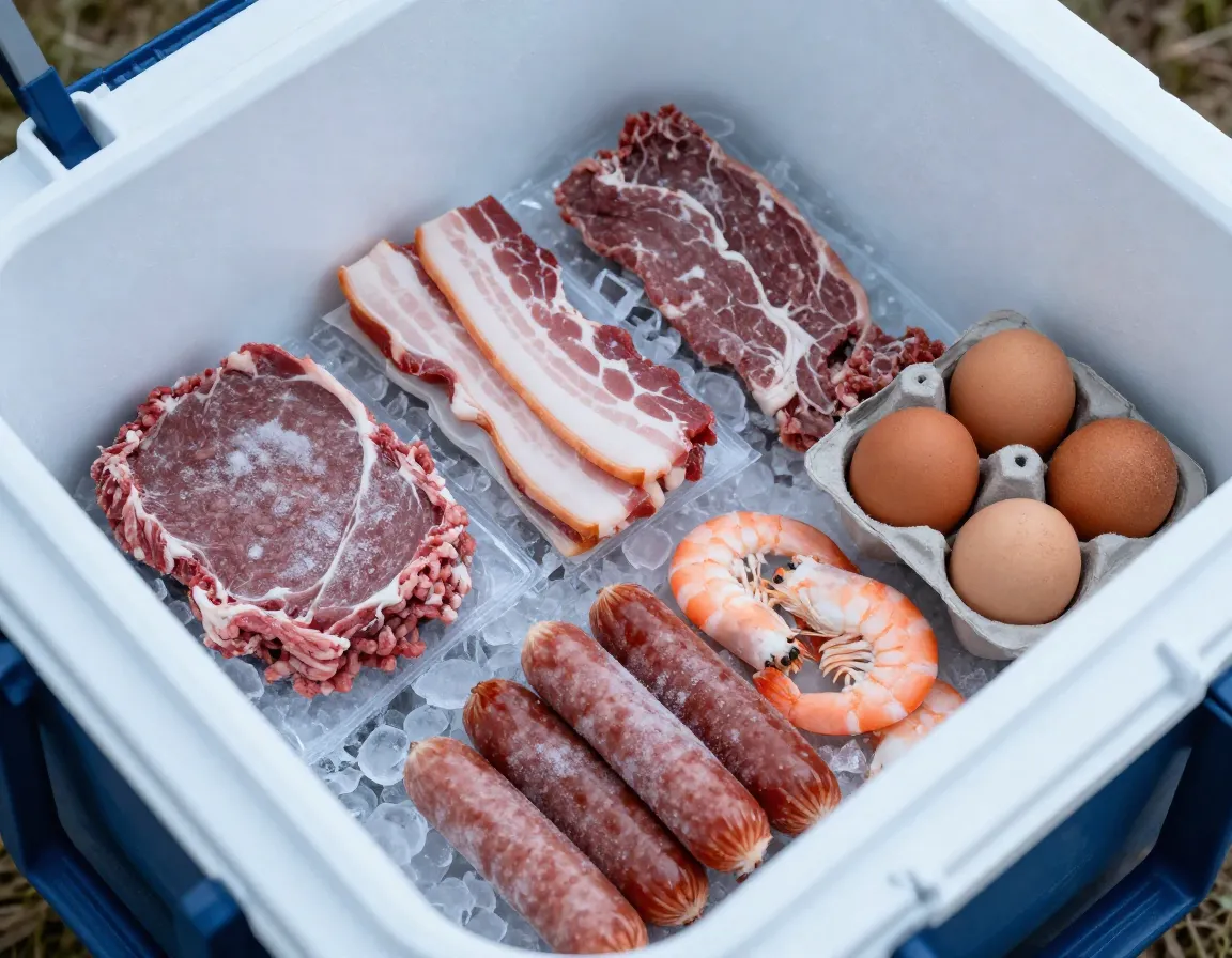 Close up of frozen meat in cooler for camp meals with vegetables