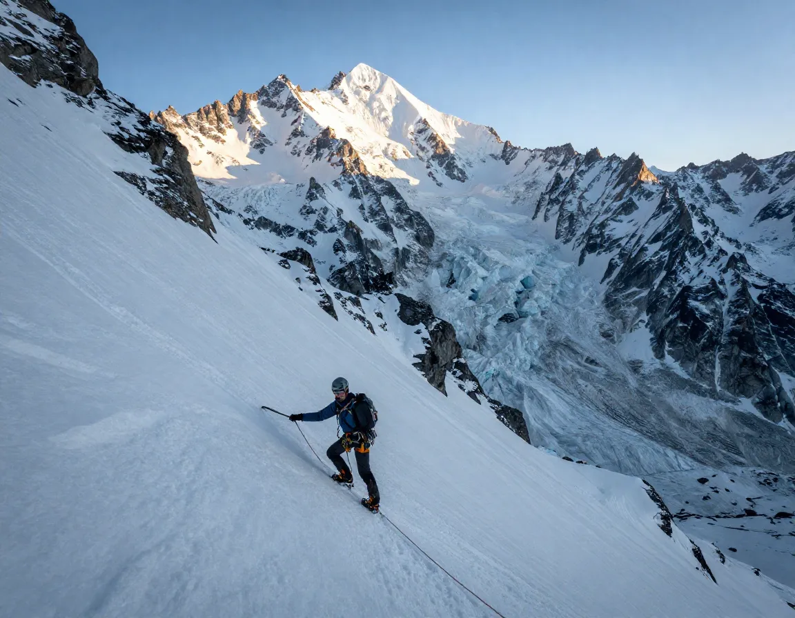 Lone climber ascending steep snow slope below mont blanc du tacul summit