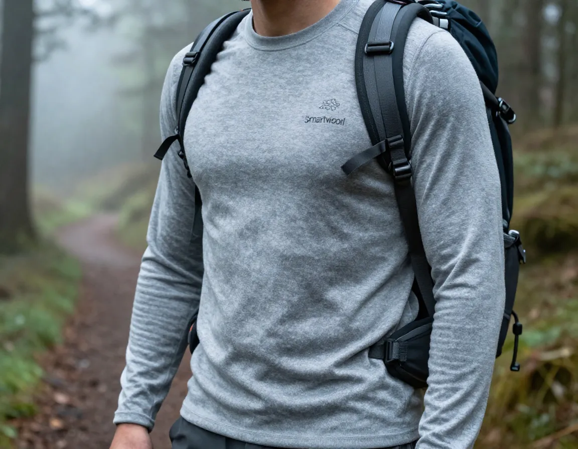 Merino wool smartwool base layer shirt backpacker standing in cool morning forest