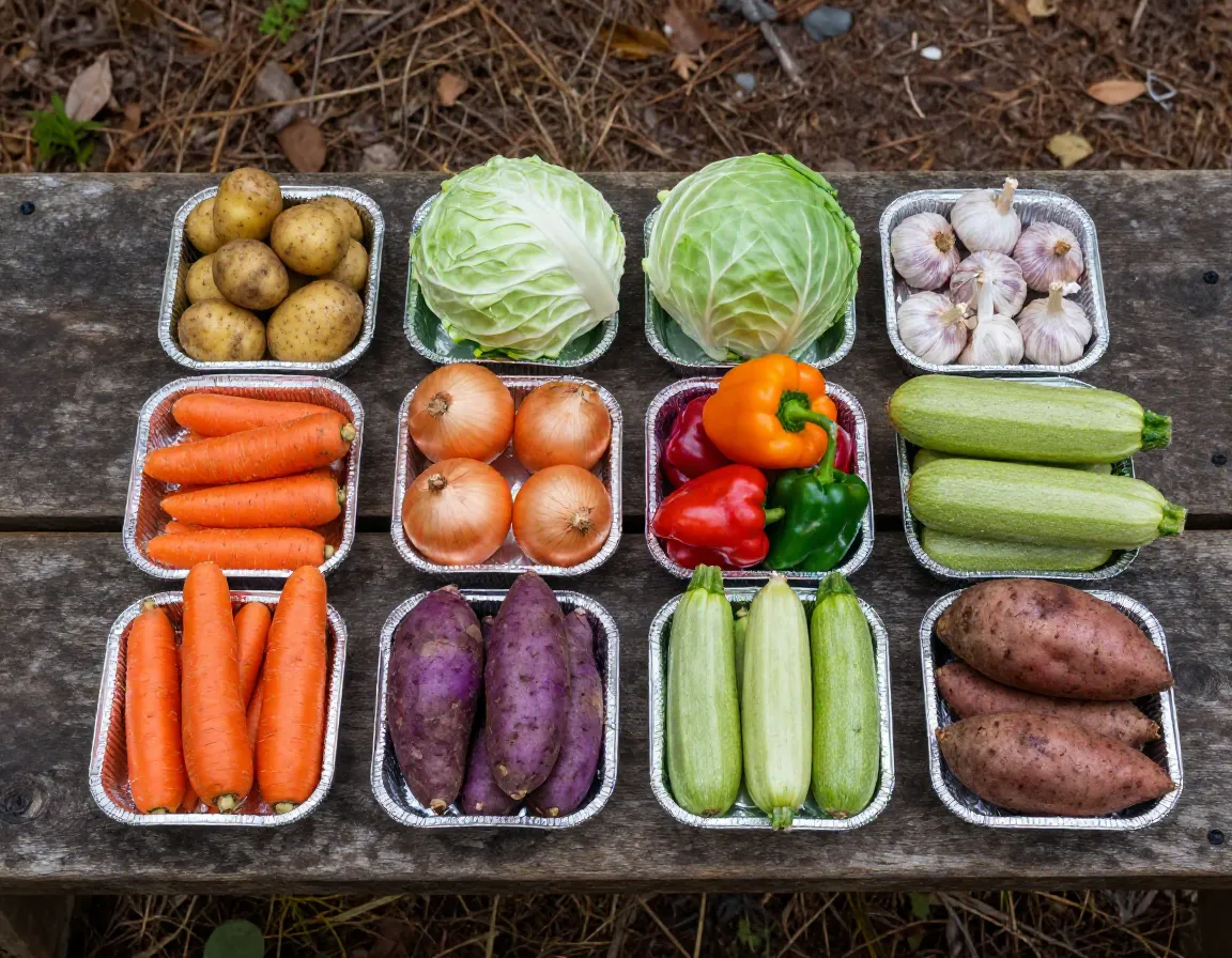 Array of hardy fresh vegetables for foil packet meals at campsite