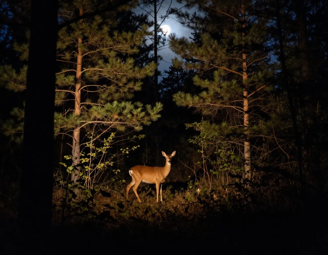 Deer illuminated by moonlight in forest using night mode