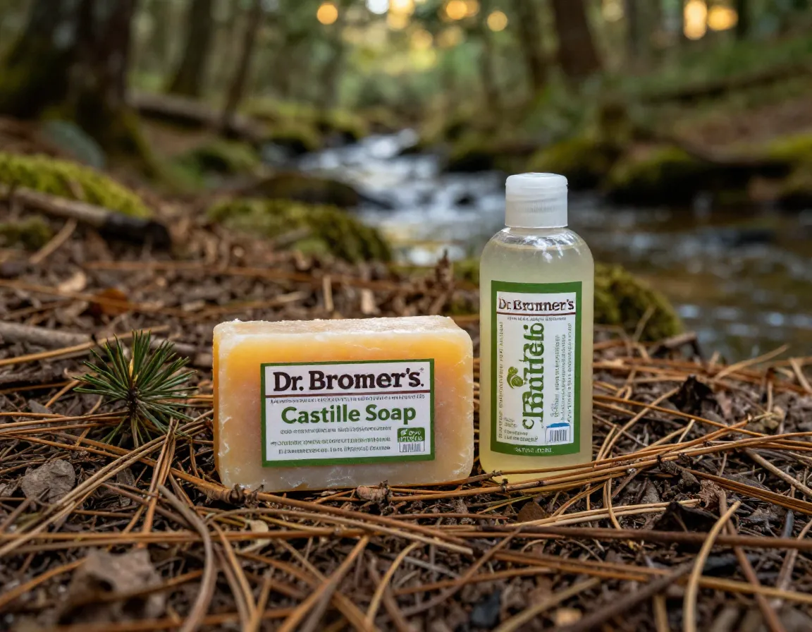 Dr bronners castile soap bar and liquid on forest floor