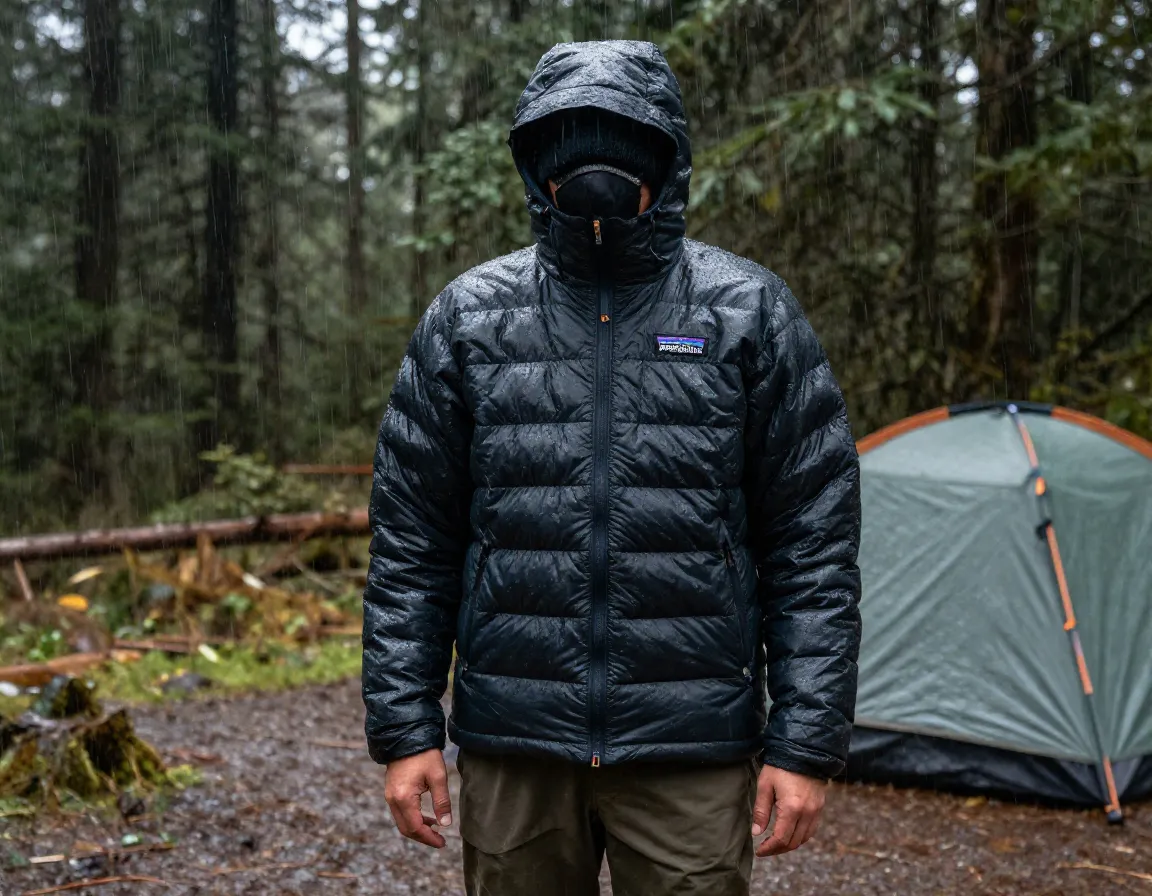 Patagonia nano puff synthetic insulation jacket worn in rainy pacific northwest campsite