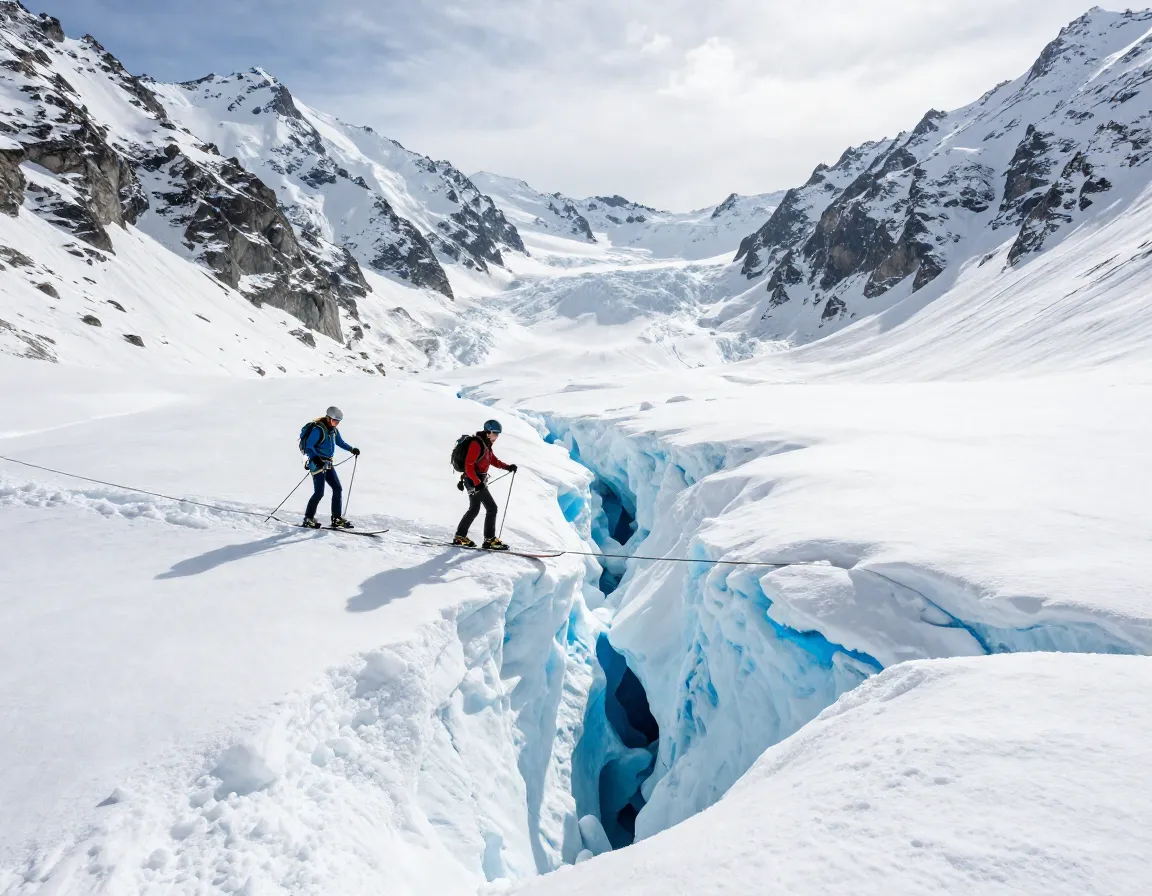 Two skiers traversing wide crevasse on vallee blanche glacier
