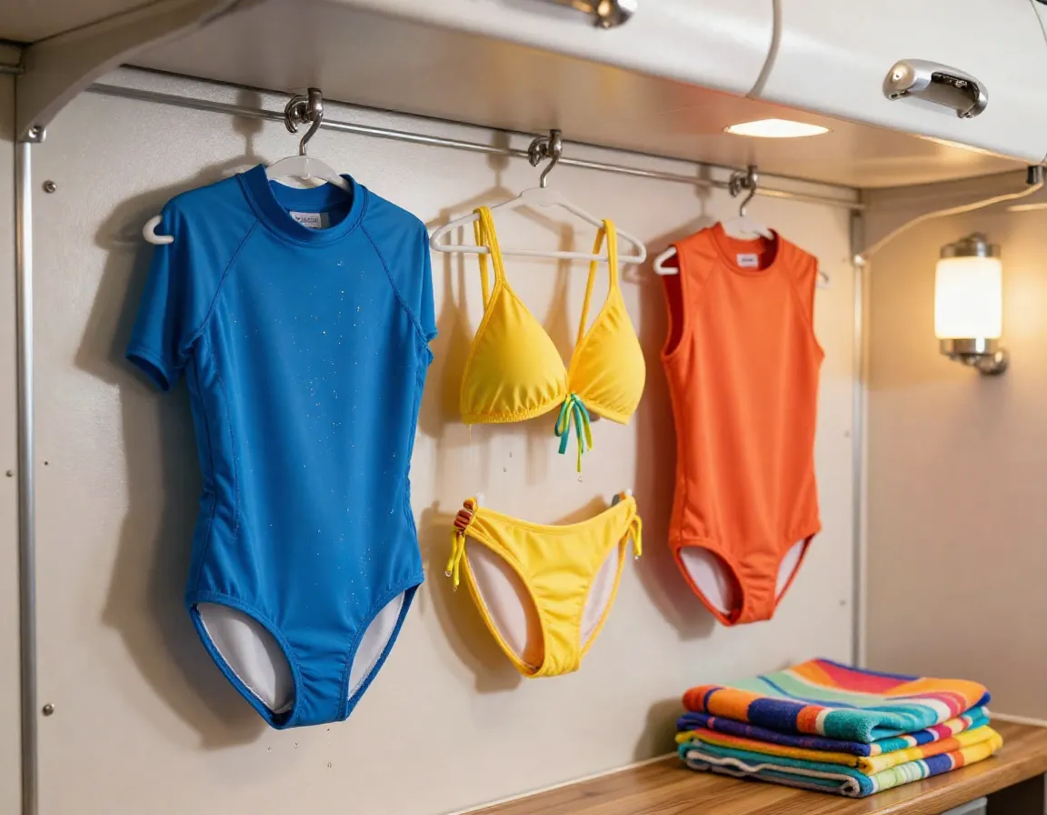 Bright swimsuits drying on cabin hooks tropical beach towel