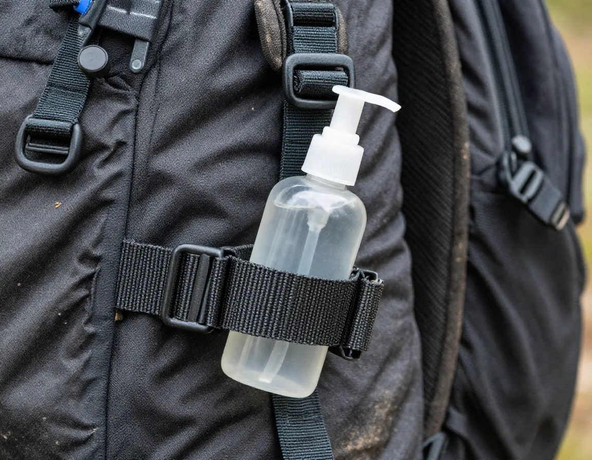 Hand sanitizer bottle clipped to a backpack hip belt