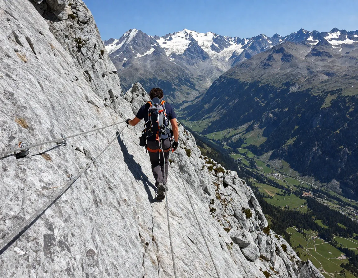 Person walks narrow rock ridge with fixed ropes above deep valley