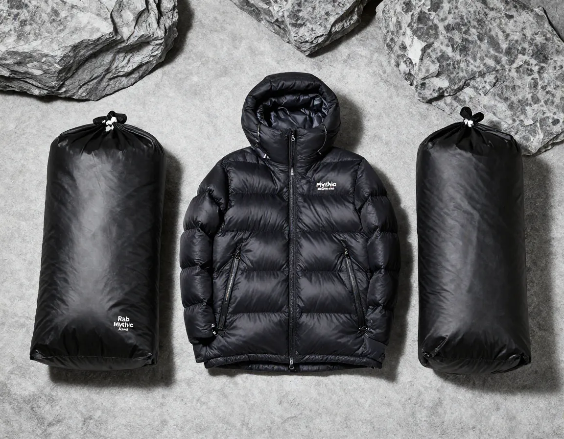 Rab mythic alpine 900 fill power down jacket compressed in waterproof dry bag