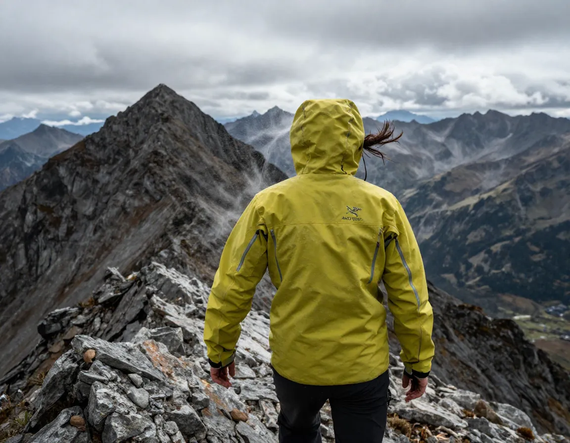 Arcteryx beta insulated gore tex jacket protecting hiker on windy mountain ridge