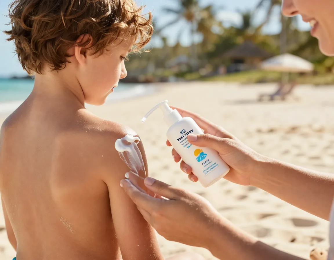 Reef safe sunscreen bottle applying cream to child on sunny beach