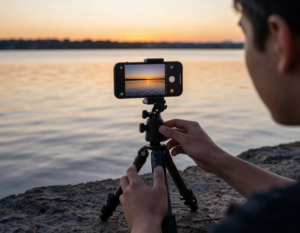 Smartphone mounted on tripod for stable sunset water shot