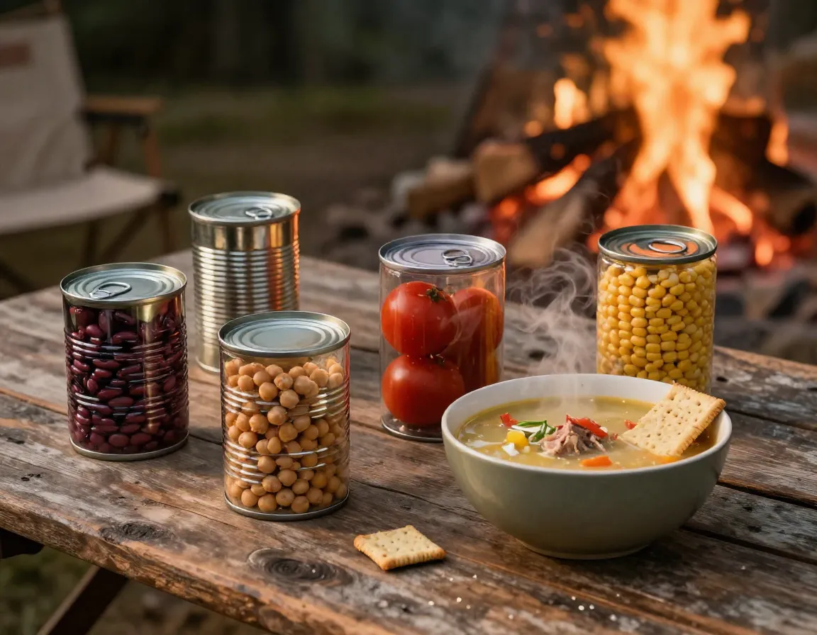 Canned goods and soup arranged on a rustic camp table