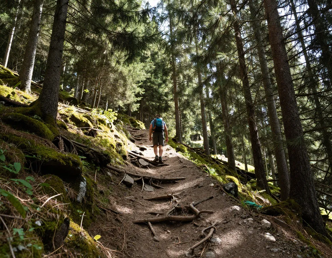 Hiker descends forested trail from plan de laiguille towards chamonix