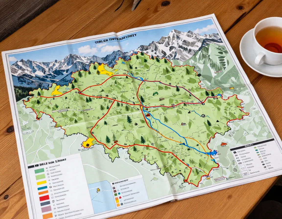 Austrian regional hiking map with color coded difficulty routes