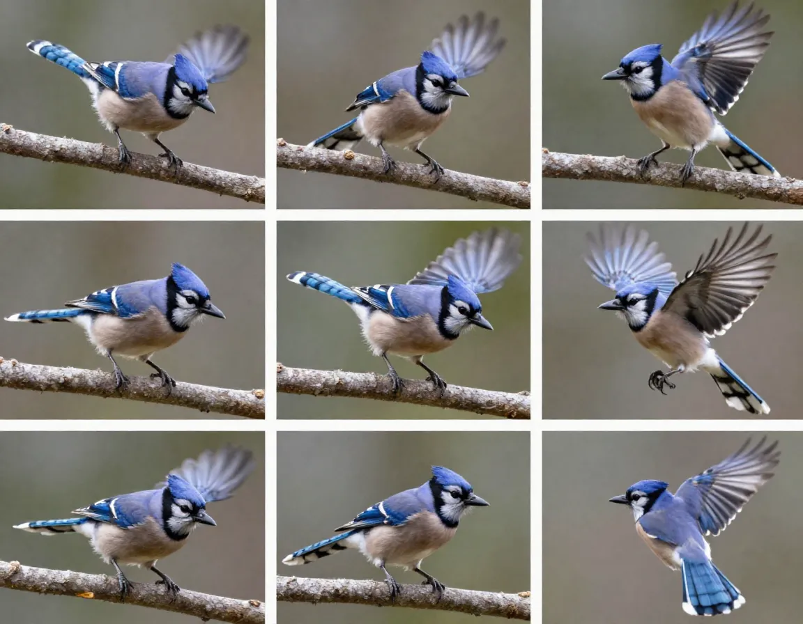 Burst mode sequence of bird taking flight from branch