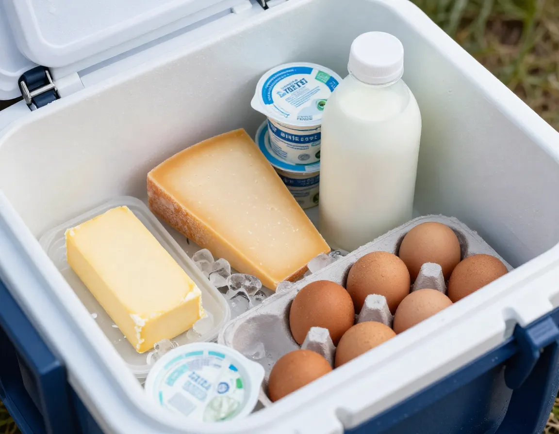 Dairy products in cooler with butter cheese and eggs for camping