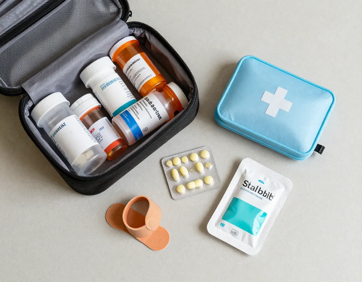 Medications tablets bandages original containers travel pouch