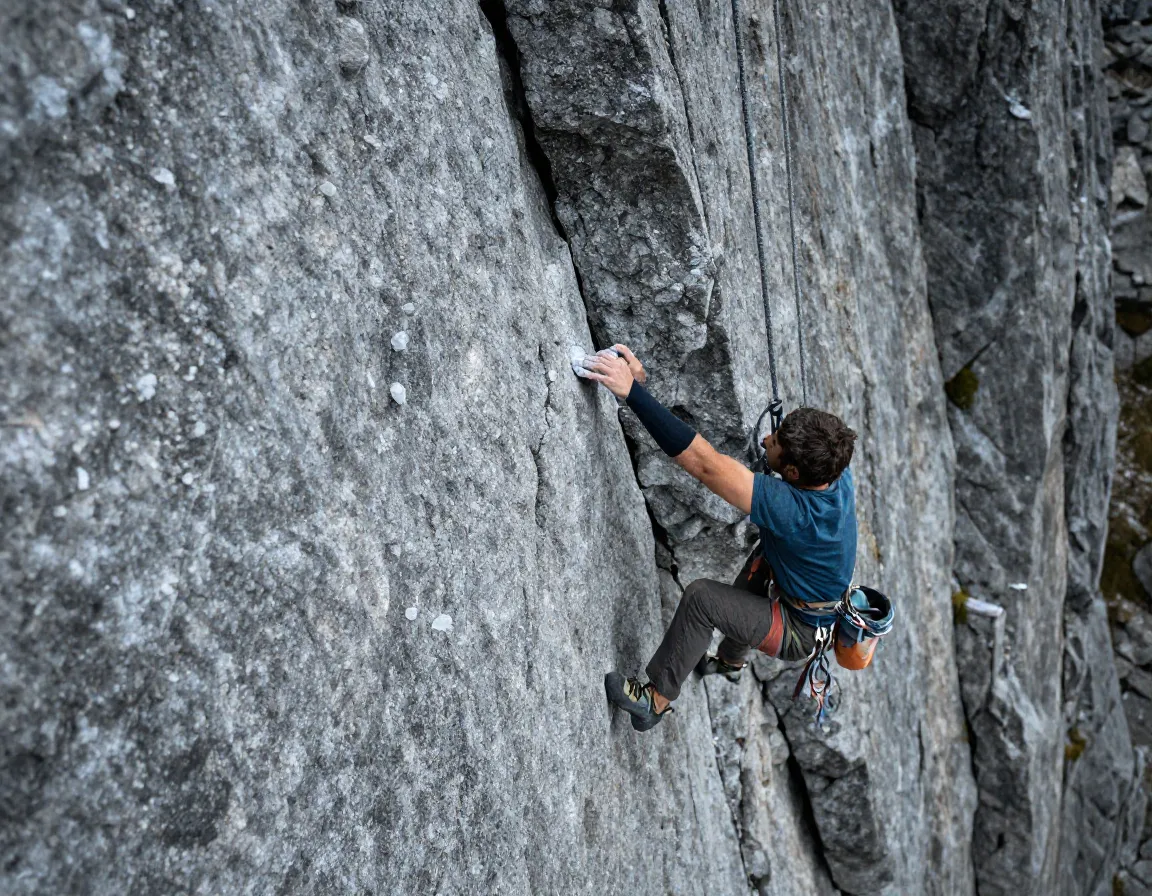Rock climber on multi pitch route on featured granite