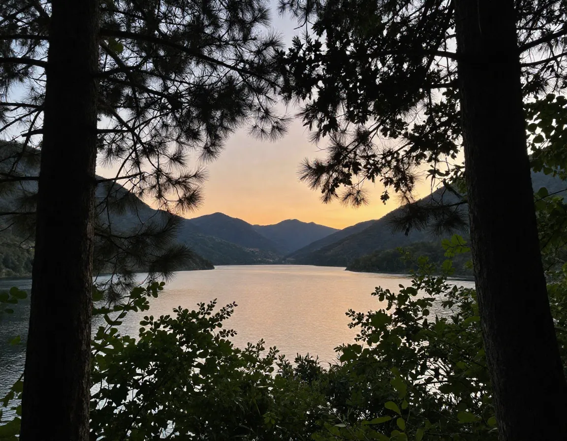 Lake view framed naturally by overhanging tree branches
