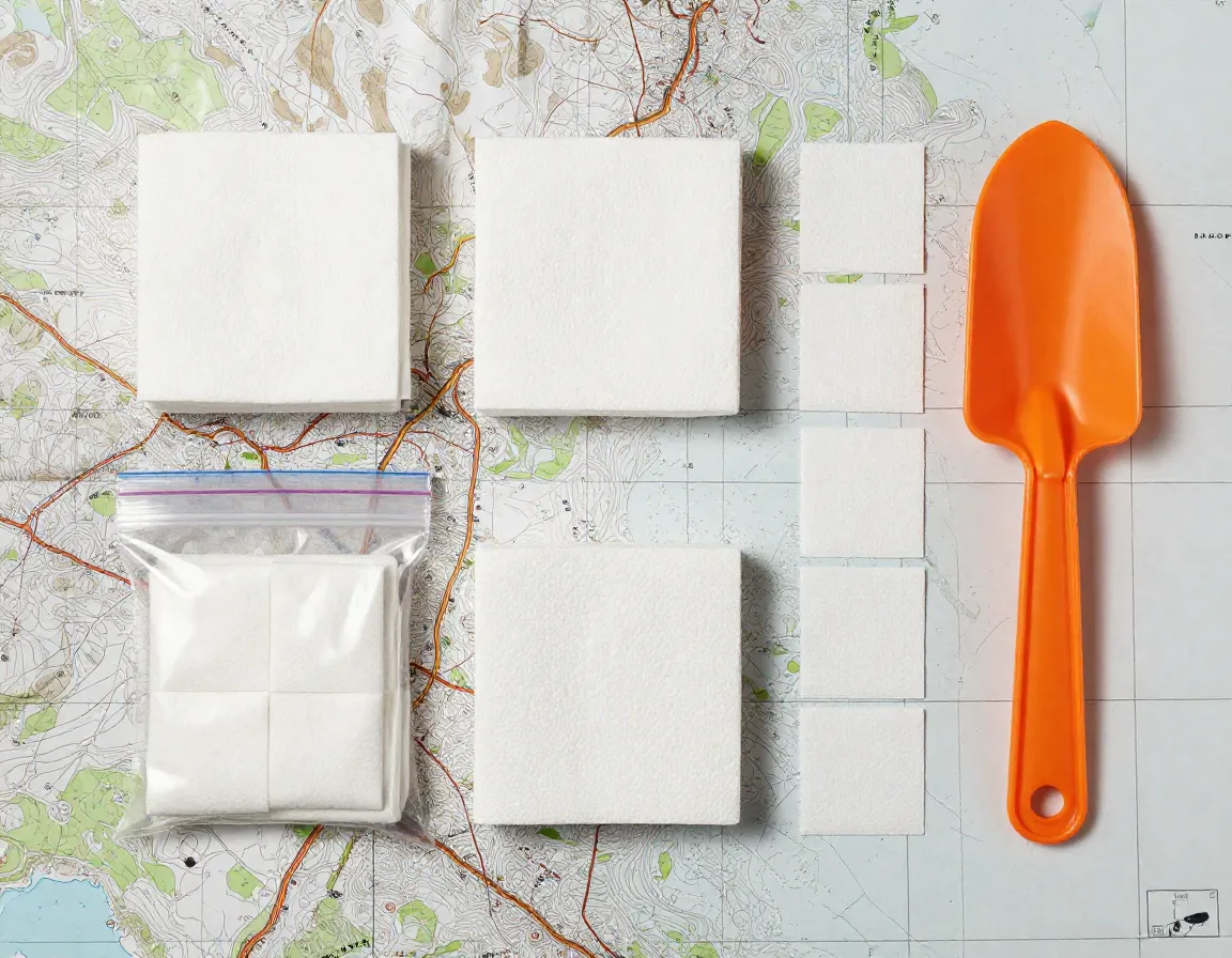 Pre counted toilet paper squares and trowel in zip lock