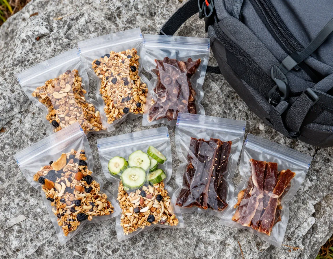 Pre portioned snack bags with trail mix and jerky for hiking