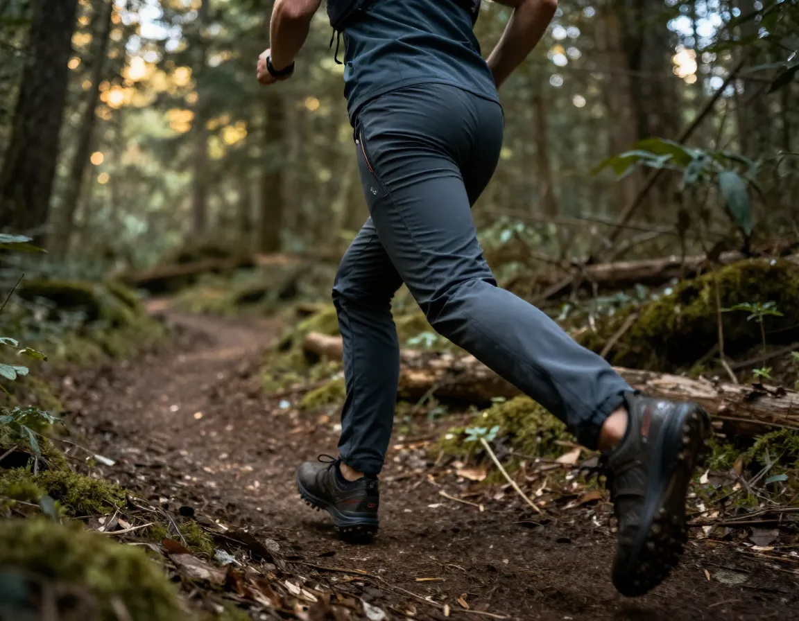 Rab momentum lightweight pants for fastpacking on a forest single track
