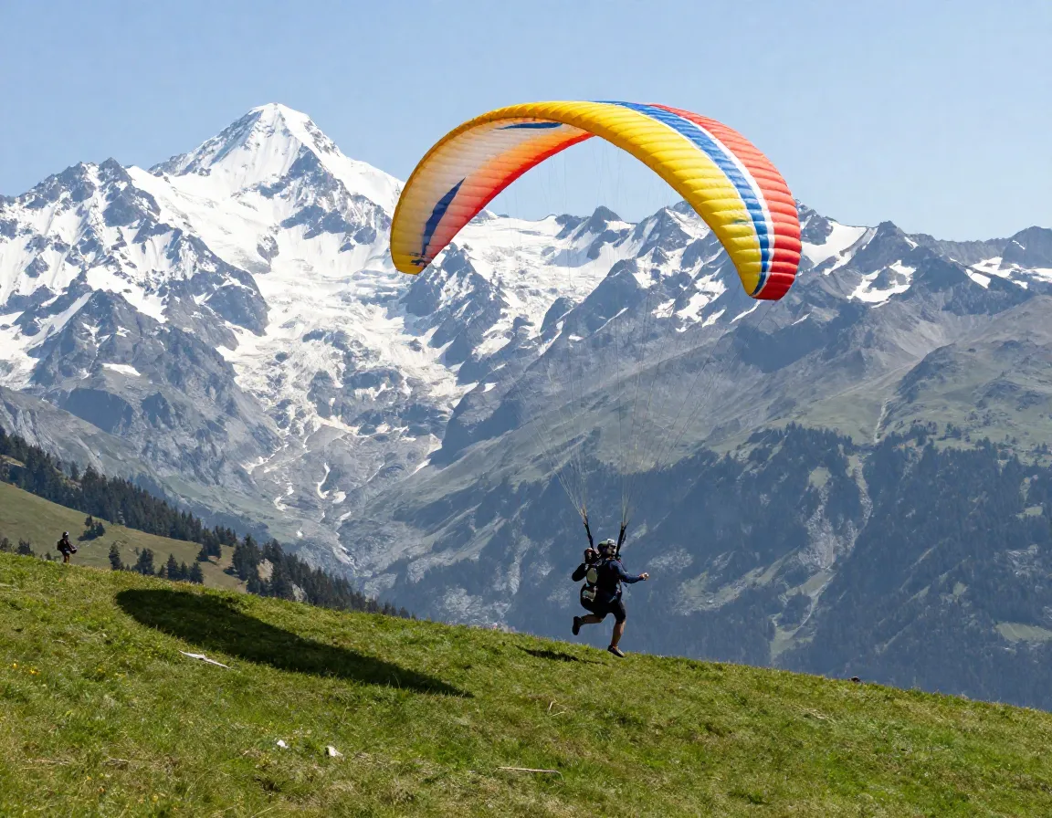 Tandem paraglider launches from grassy slope with mont blanc behind