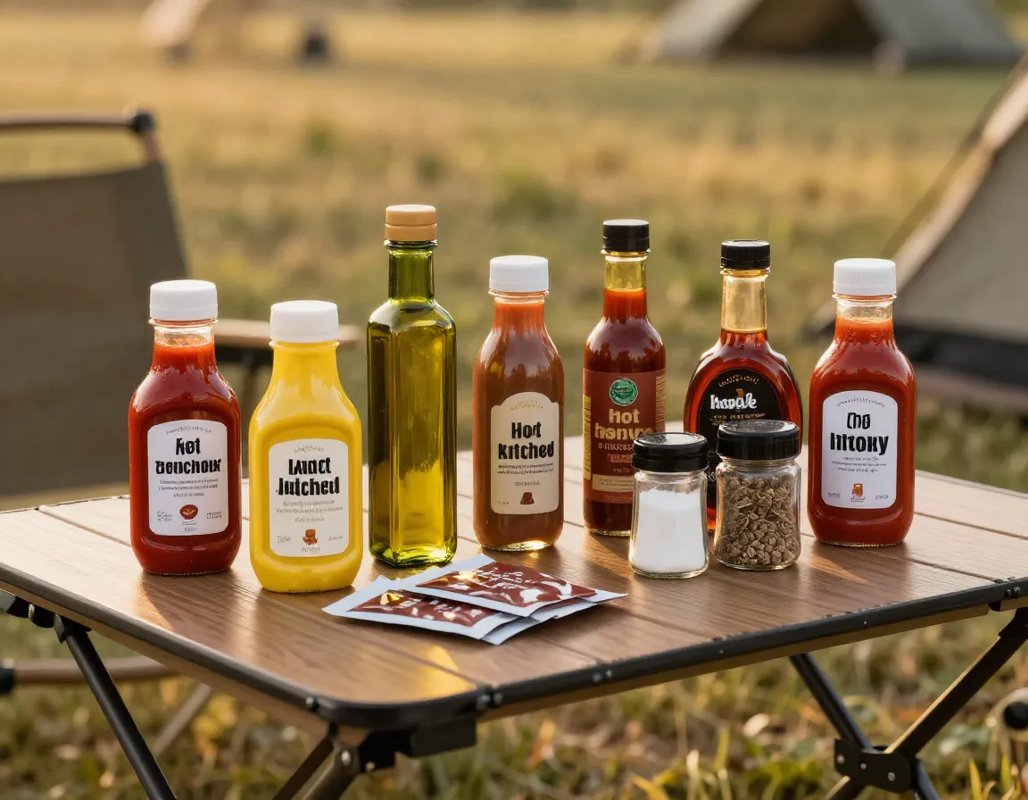 Camp kitchen condiments and beverages in small travel bottles