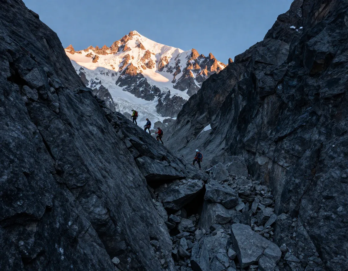 Climbers cross steep rocky gully early in the morning