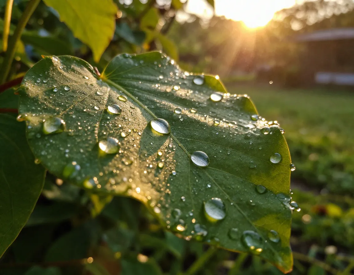 Close up of water droplets on leaf after rain in golden light