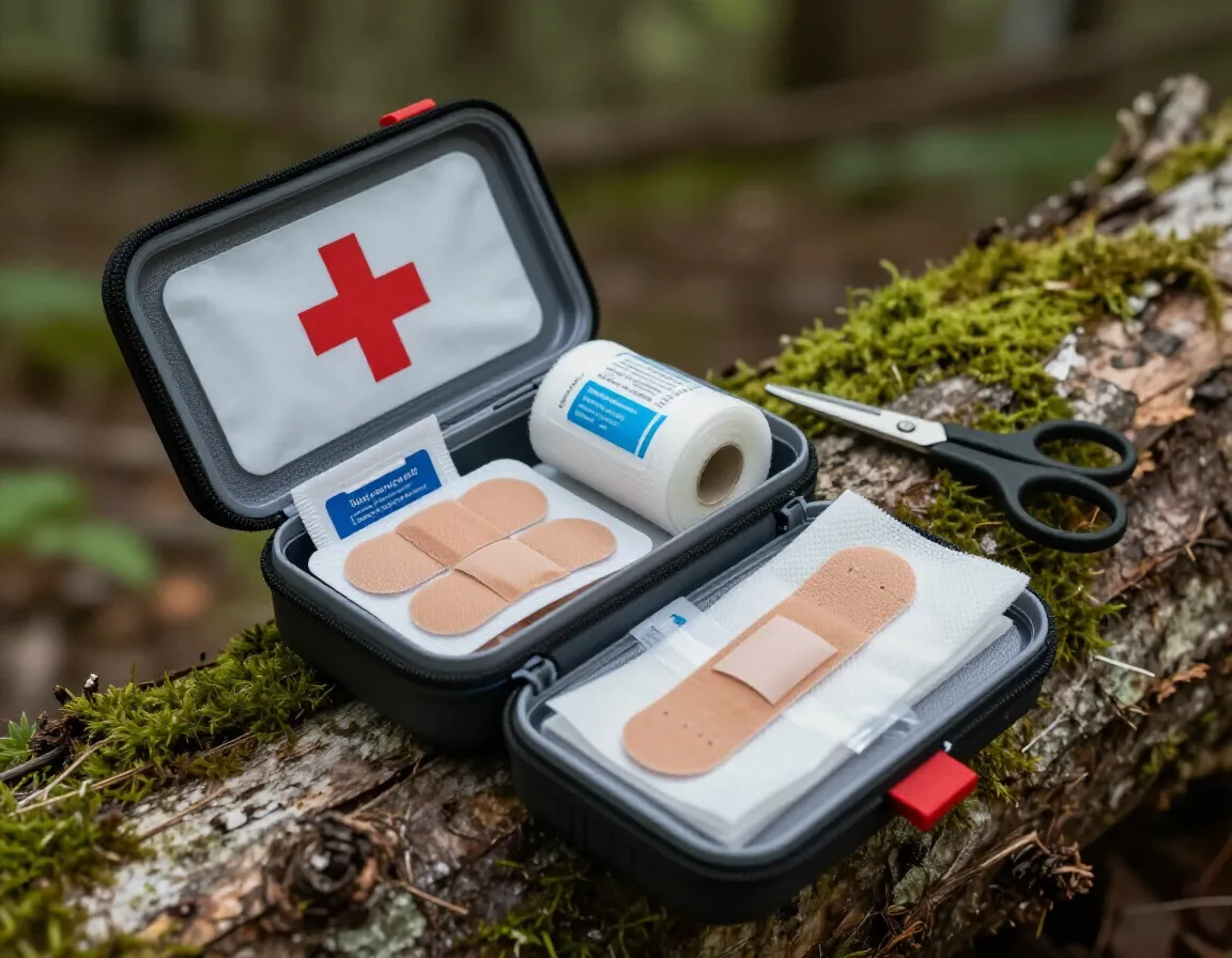 Compact first aid kit with blister pads on a trail log