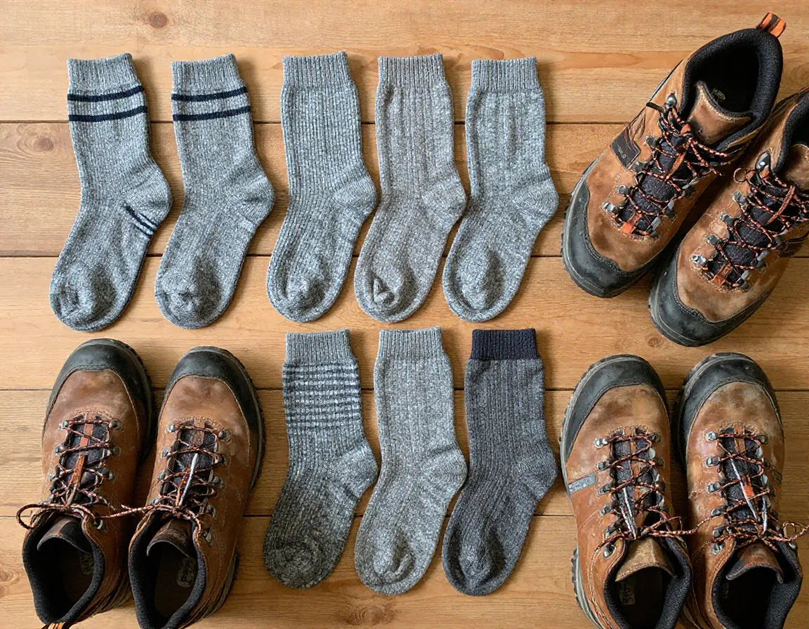 Darn tough and smartwool merino wool hiking socks laid out with boots