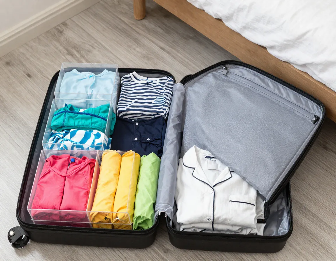 Packing cubes clothing sorted by category inside open suitcase
