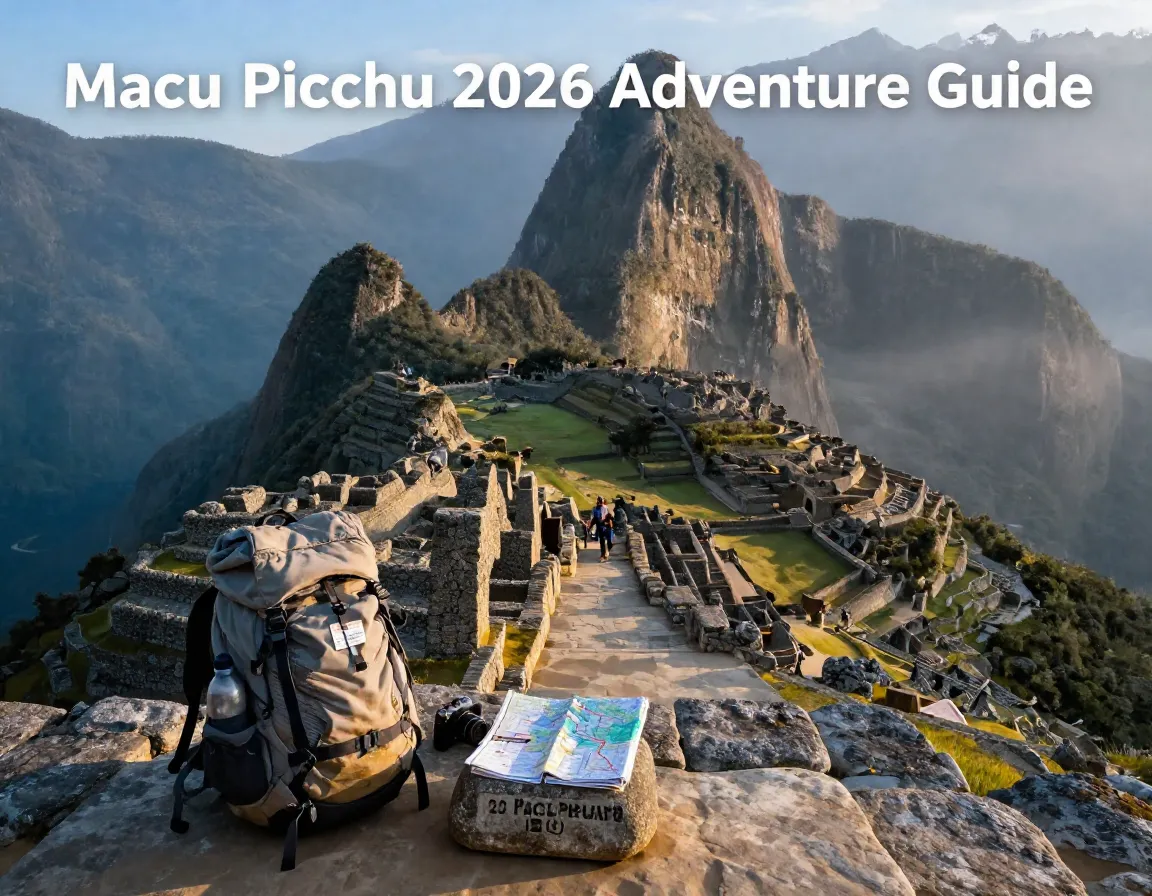 Ancient inca trail path to misty machu picchu citadel at dawn