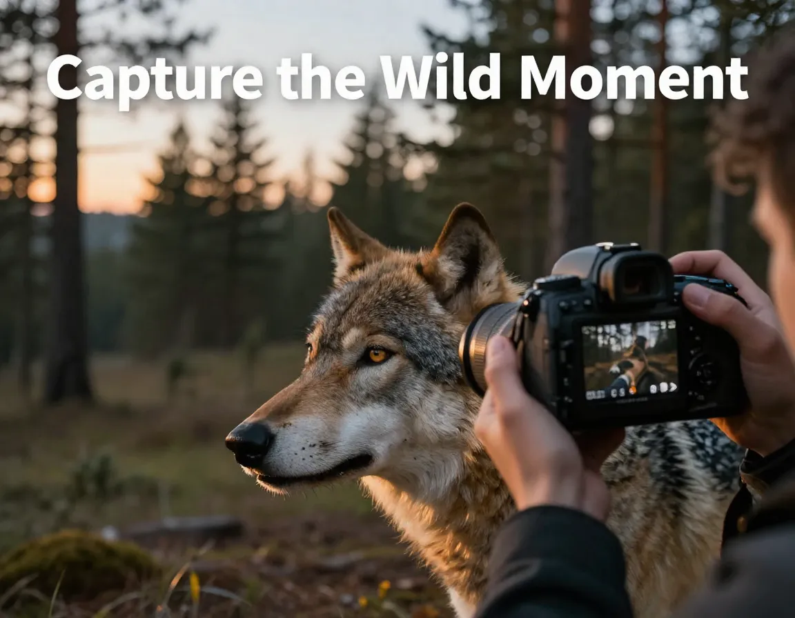 Camera focused on wolf eye dawn forest burst mode silent