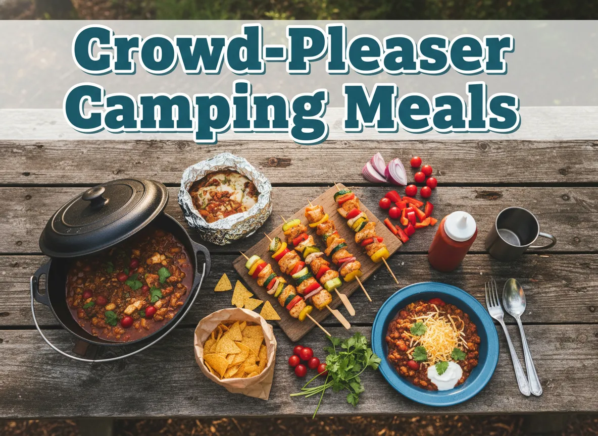 Cast iron foil pack skewers chips camping meal flat lay