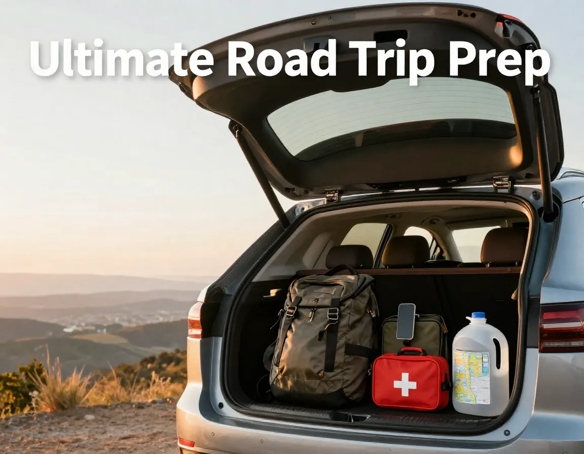 Prepared car trunk with bags firstaid water map phone mount