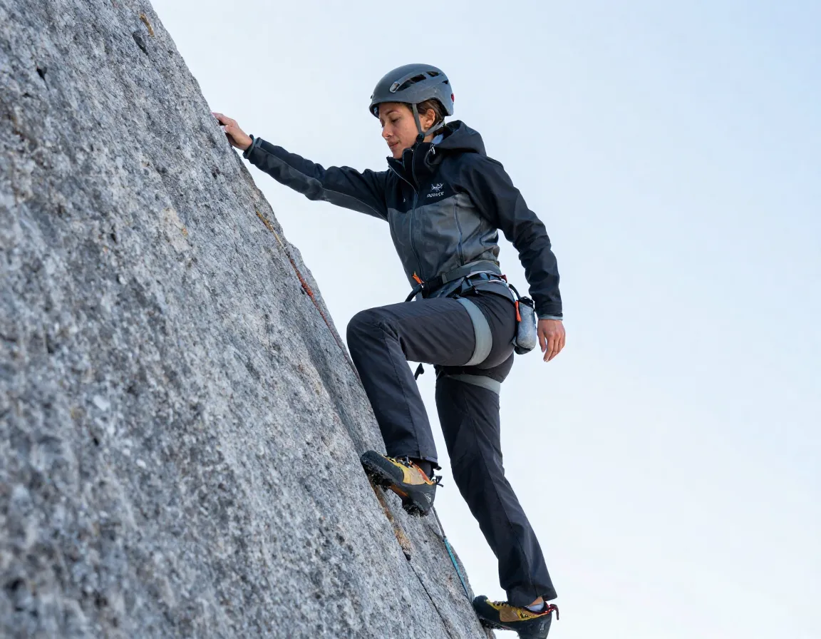 Arc teryx gamma jacket woman climbing granite face summit alpine