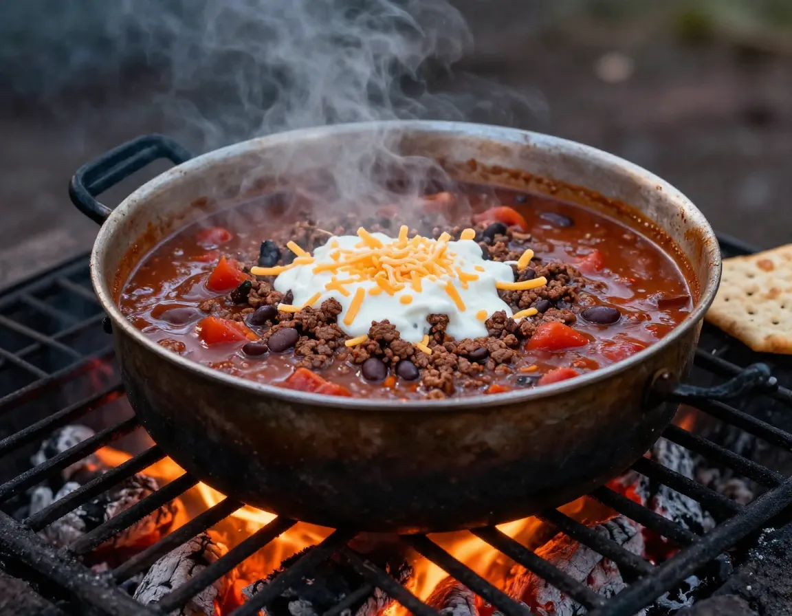 Pot of smoky chili simmering on a campfire grate