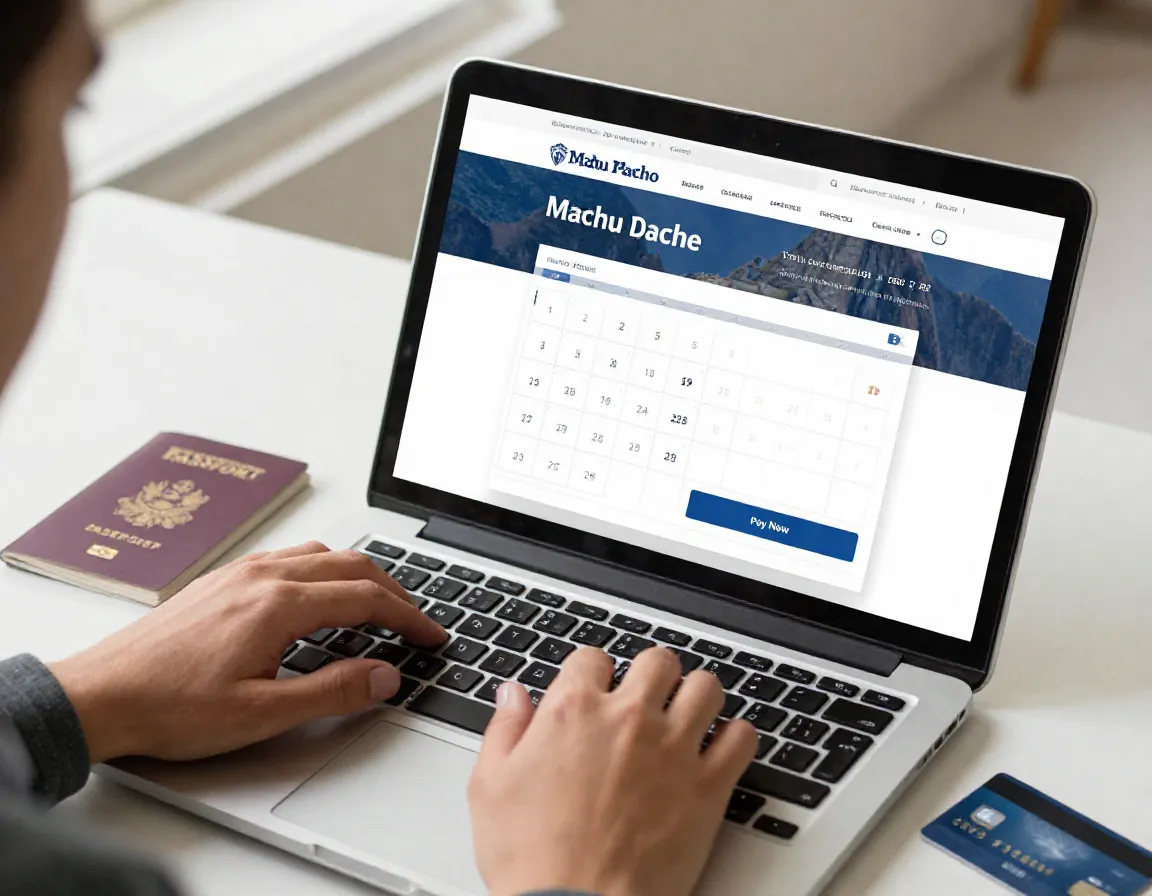 Traveler viewing machu picchu official government ticketing portal on laptop
