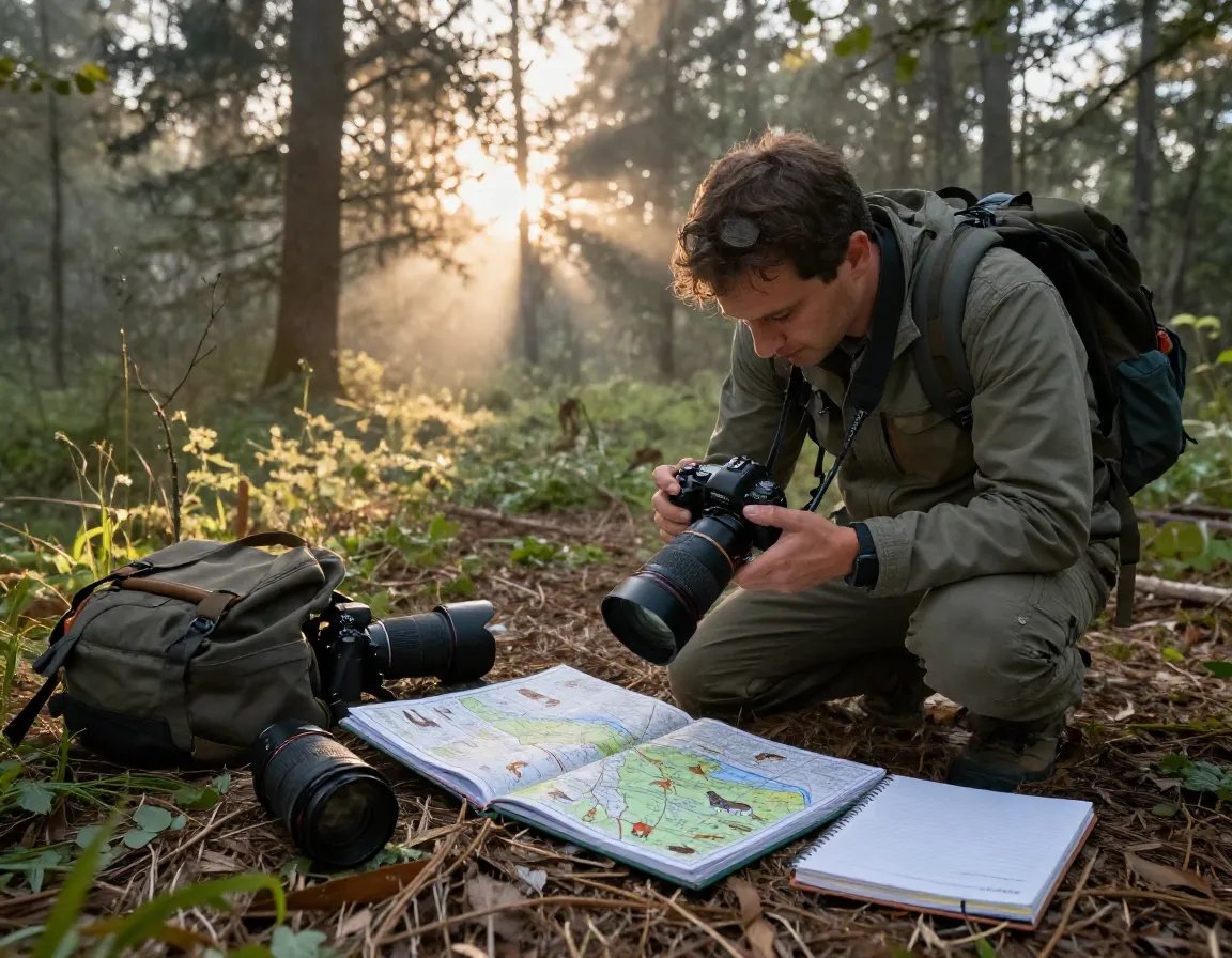 Wildlife photographer researching animal behavior at dawn